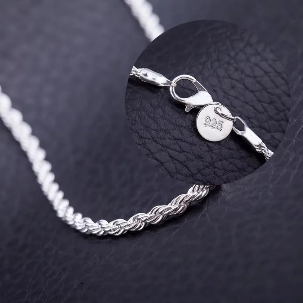 2PCS 925 Sterling Silver Rope Chain Set, 4MM 40-60cm, Necklace & Bracelet, Fashion Jewelry for Men Women, Wedding Daily Gift