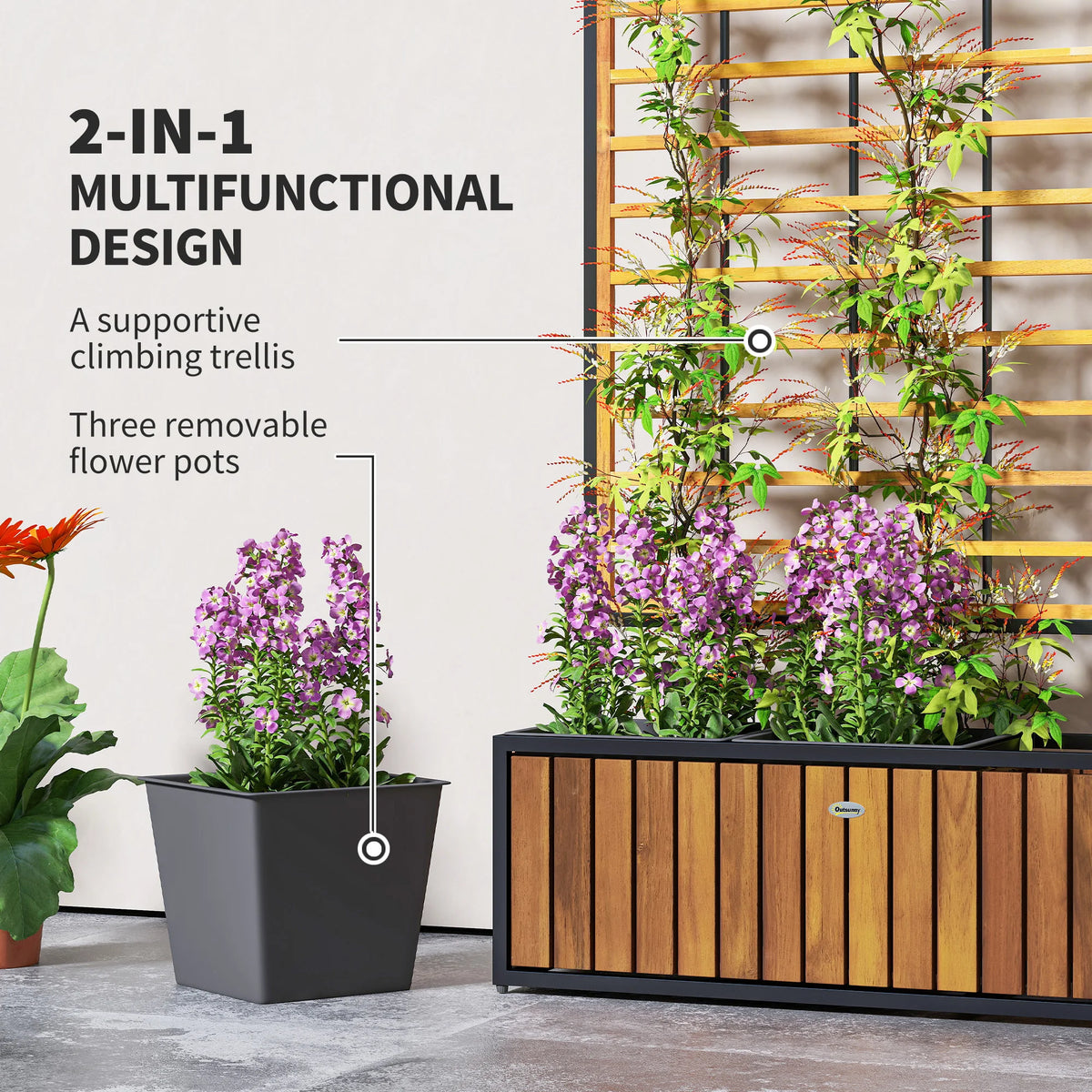 Raised Garden Bed, Planter Box with Trellis, Removable Pots, Teak