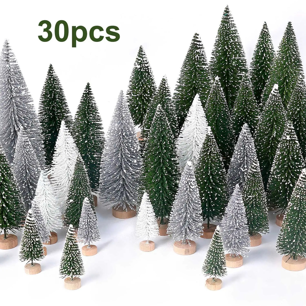 30pcs Mini Christmas Trees Artificial Christmas Tree Bottle Brush Trees with Wooden Base for Christmas Decor Party Home Table Craft Decorations (Silver,Green)