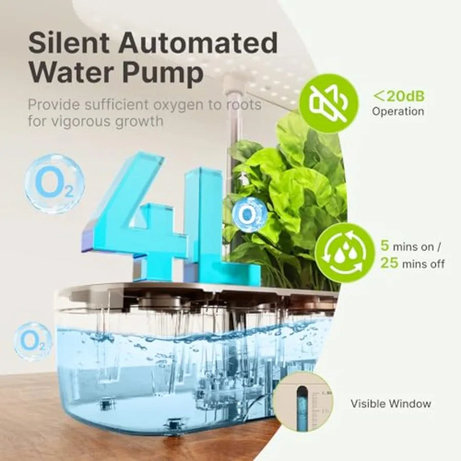 Hydroponics Growing System Kit 12 Pods for Indoor Herb Garden, Beige ABS Plastic with 20W LED Grow Light, Visible Water Tank Pu