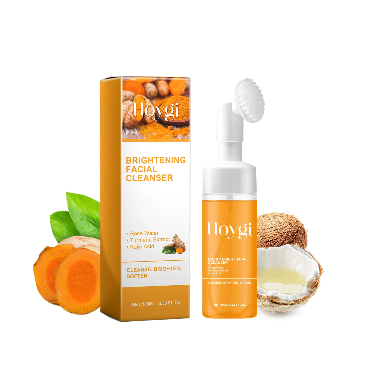 Hoygi Turmeric Brightening Foam Cleanser With Silicone Brush Rose Water