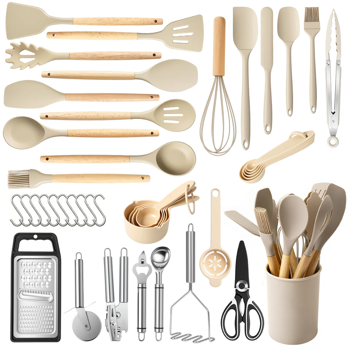 Silicone Wooden Handle 44-Piece Non-Stick  Kitchen Utensil Set Food-Grade Heat-Resistant Cookware Set for Kitchen & Baking