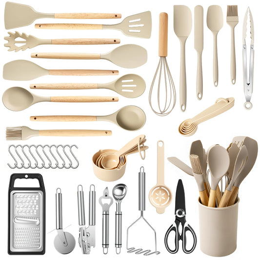 Silicone Wooden Handle 44-Piece Non-Stick  Kitchen Utensil Set Food-Grade Heat-Resistant Cookware Set for Kitchen & Baking