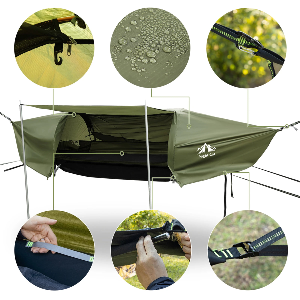 Night Cat Flat Lay Hammock Tent Mosquito Net Waterproof Rainfly