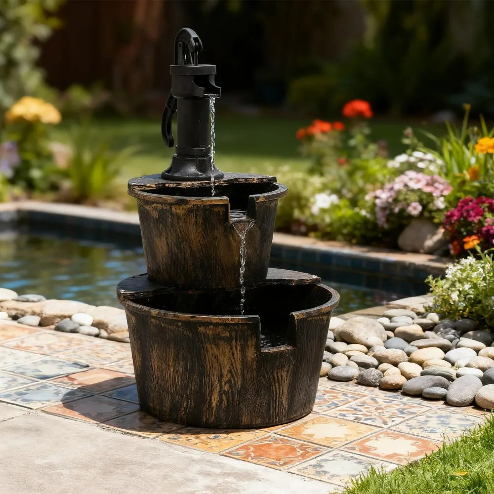 Two Tier Stepped Barrel Waterfall Fountain With Pump
