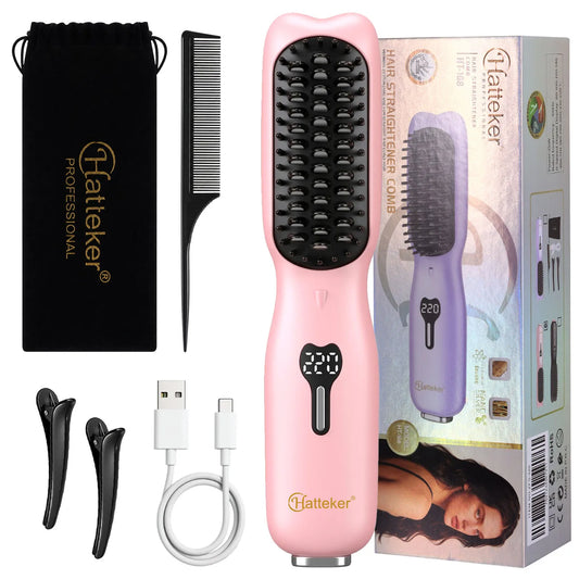 Hatteker Wireless Portable Hair Straightening Comb Multi-temperature Control Styling Brush for Straight And Curling Hair