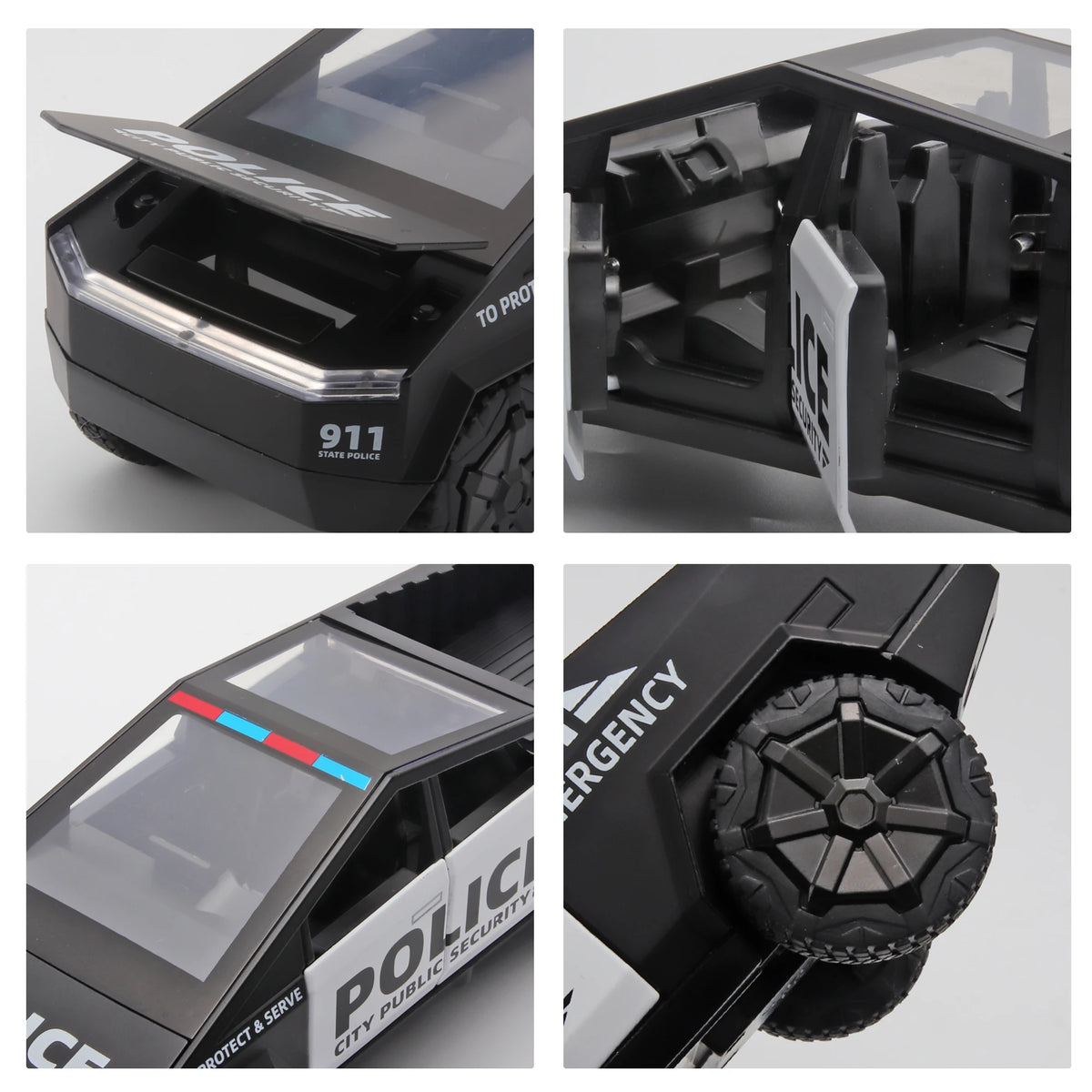 1/32 scale die-cast CYBERTRUCK police car model, realistic sound and light toy suitable for boys aged 3-8.