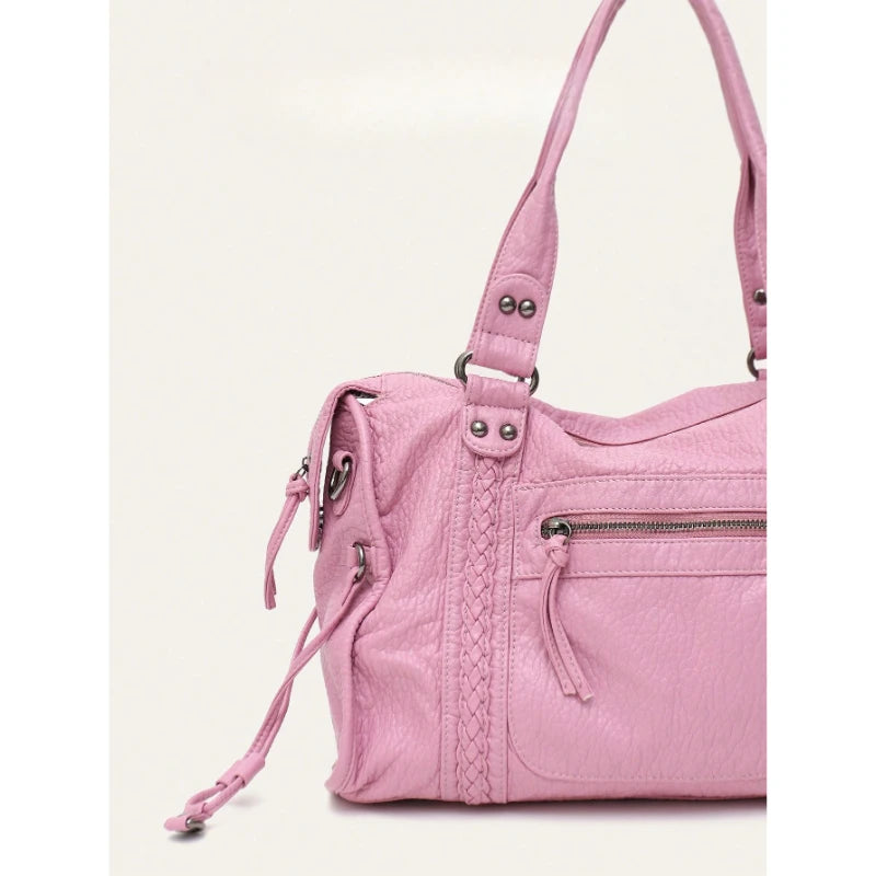 Women Casual Street Style PU Leather Tote Bag Zipper Pockets Braid Decor Fits 13 Inch Laptop Large Capacity