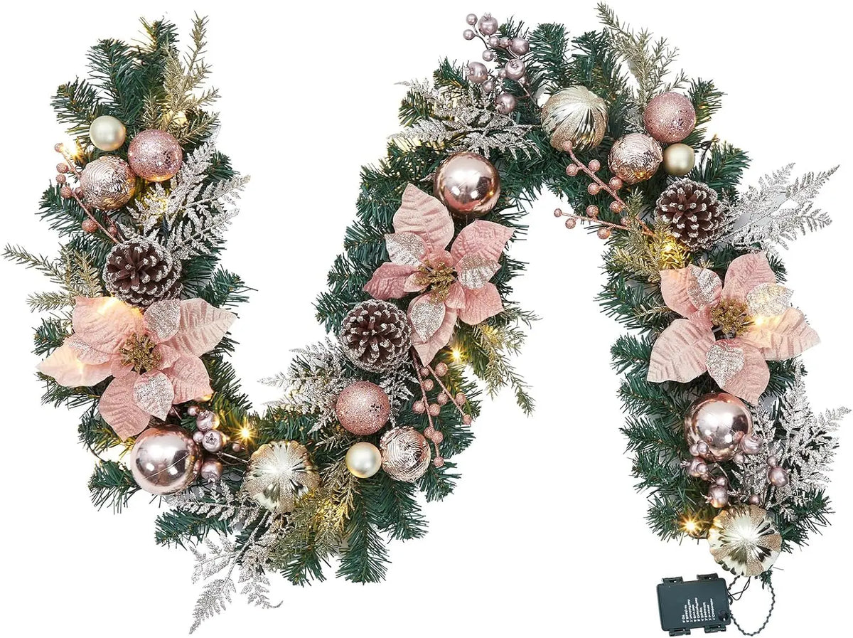Tacleekii 6 Feet Christmas Garland with Lights & Timer for Mantle Battery Operated 20 LED 8 Modes Ball Ornaments & Poinsettias, Prelit Garland Decorations