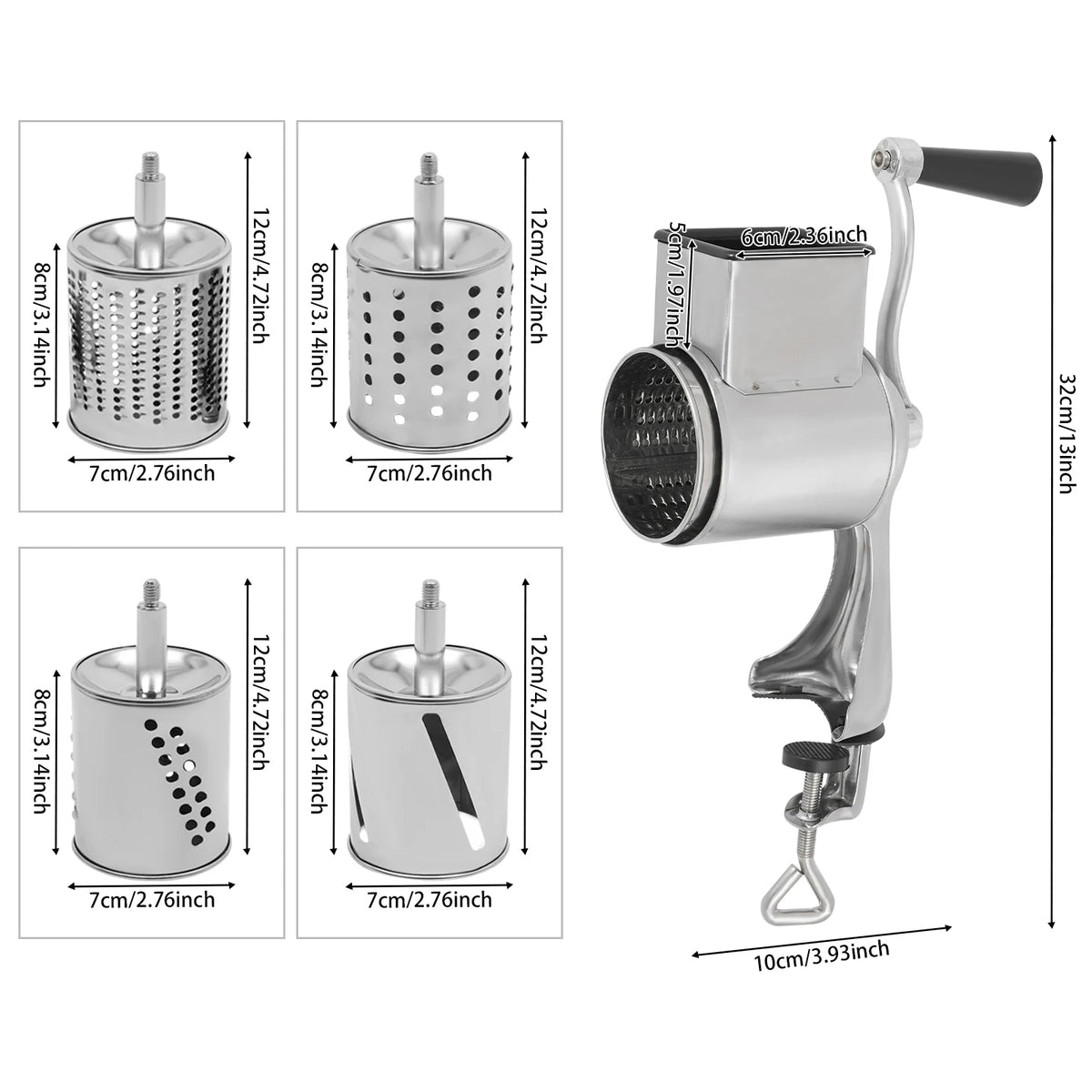Stainless Steel Rotary Grater, Manual Drum Vegetable Slicer, 5 Interchangeable Blades, Safe Hand Crank Cutter for Potato Onion Carrot Salad