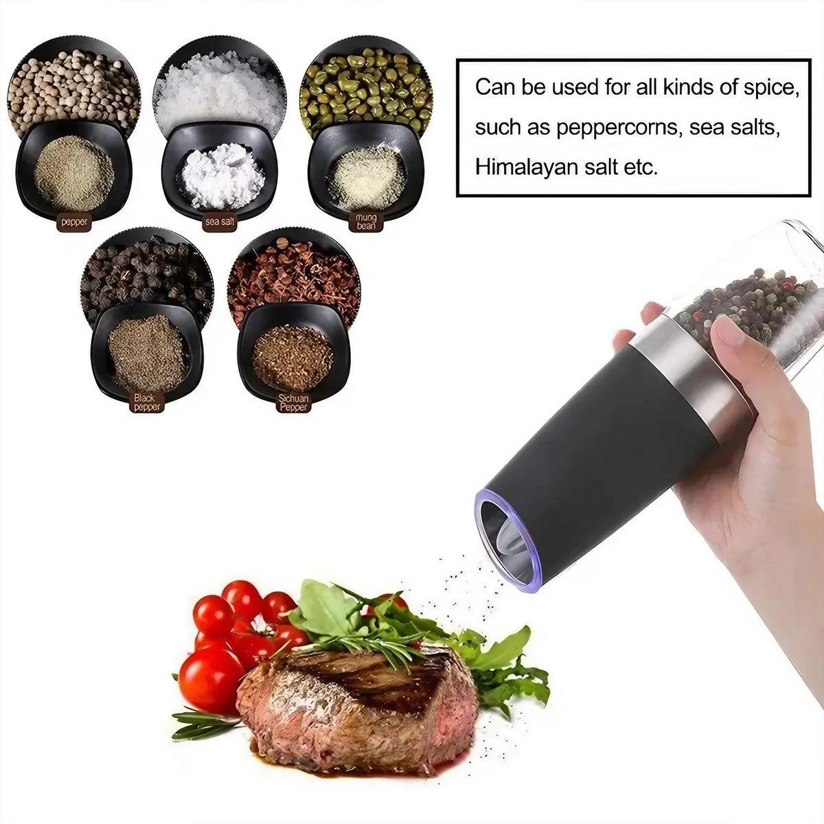 Gravity Electric Salt and Pepper Grinder - Battery Powered Salt or Pepper Mill with Adjustable Coarseness and LED Light, Easy Operation for Kitchen Dining BBQ Cooking, Grind Fresh for Better Flavor, Great for Home Cooks