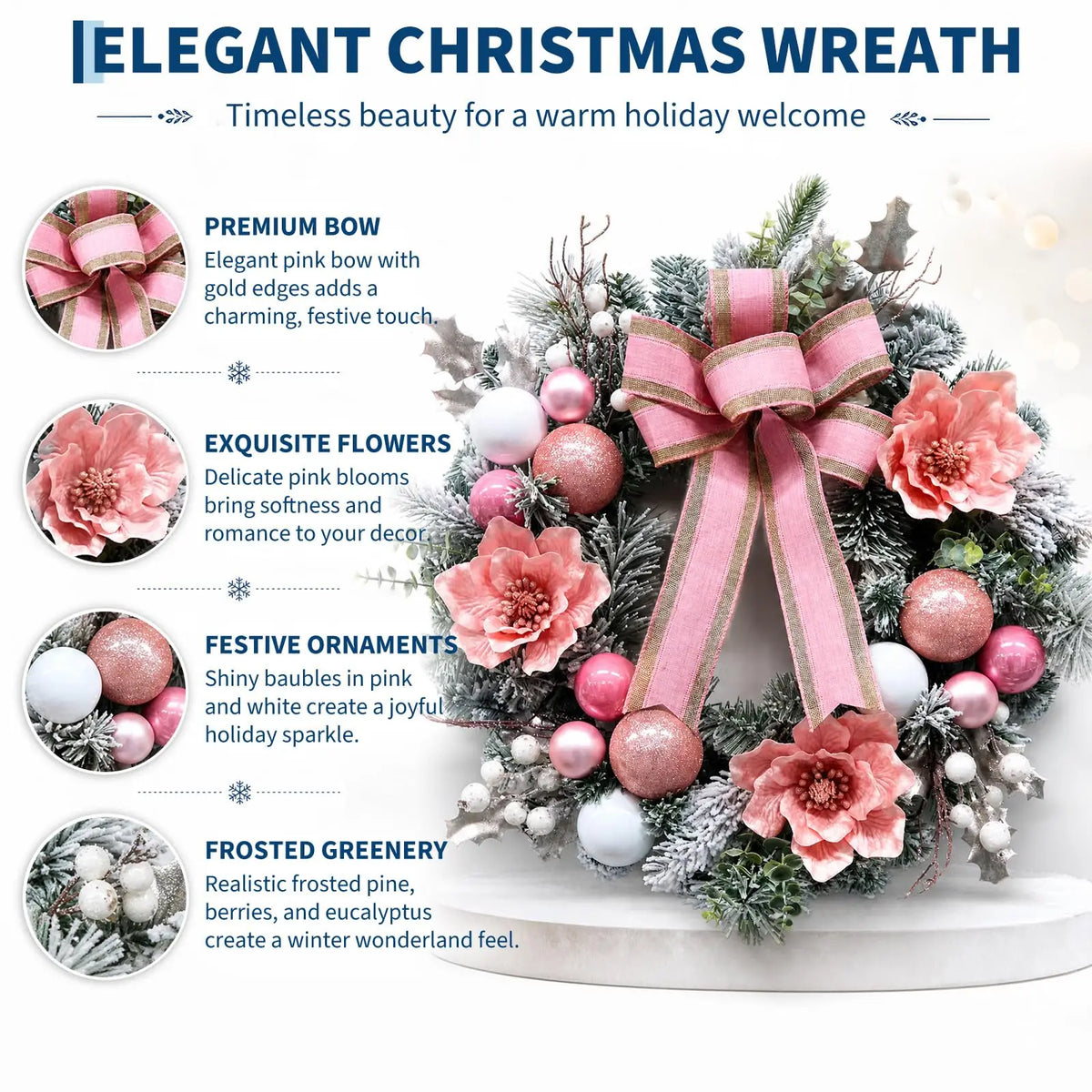 24 Inch Pre-Lit Pink Magnolia Christmas Wreath With 20 Led Lights, 8 Modes Timer, Snowy Pine Ball Ornaments Front Door Decor