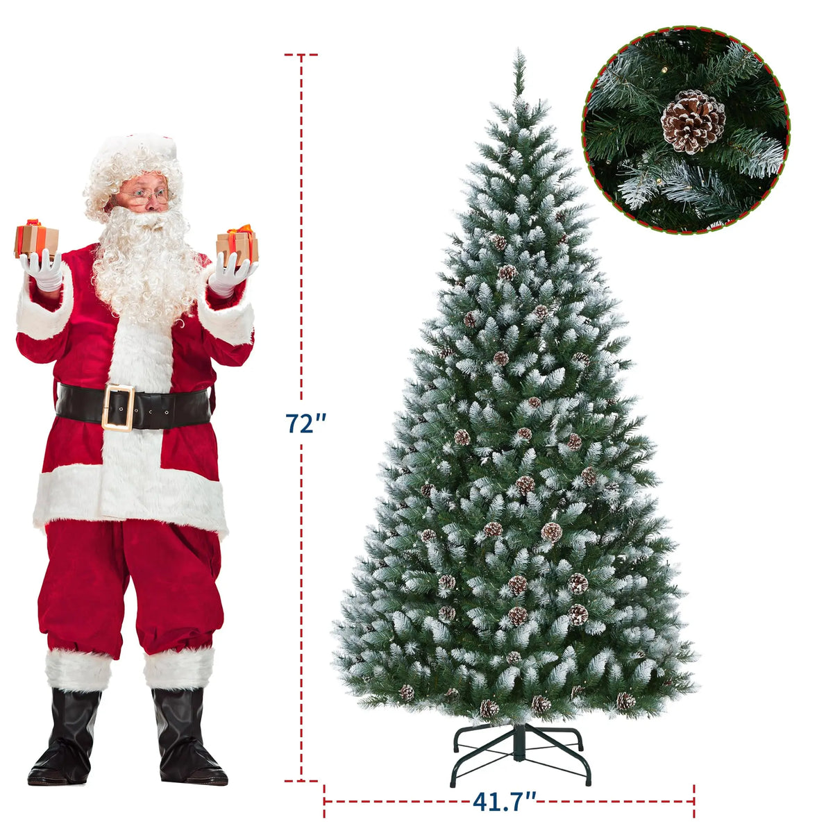 6FT Pre‑Lit Artificial Pine Christmas Tree with Pine Cones, 250 LEDs 748 Tips Hinged Stand PVC Holiday Tree for Home Office Party Decor