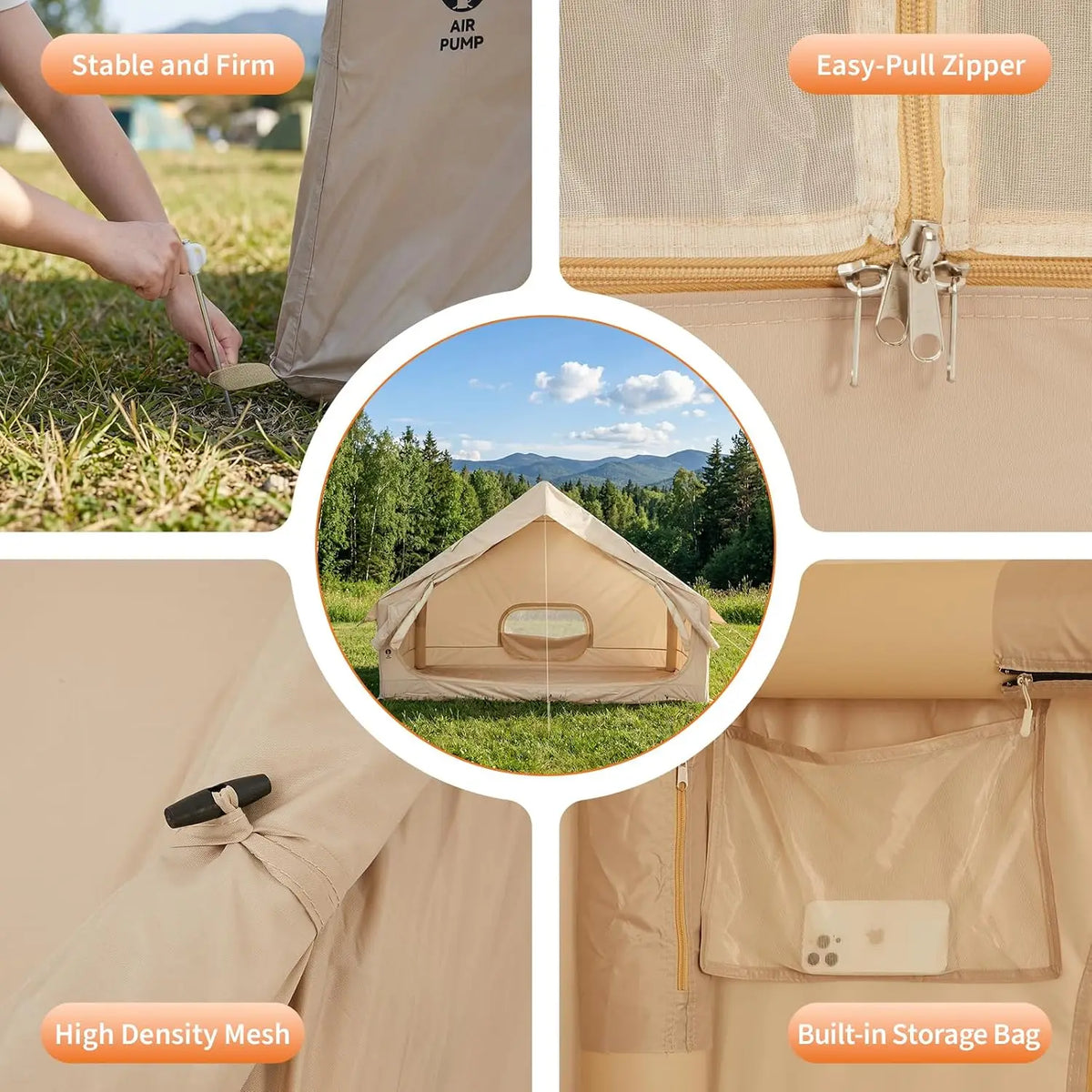Inflatable Camping Tent 4 Person 4 Season Waterproof Family Air Tent with Hand Pump 5 Min Setup Stove Jack Mesh Windows Skylight 210D Oxford Fabric 63 Sq Ft Floor Portable for Hiking Fishing Beach Fall Winter