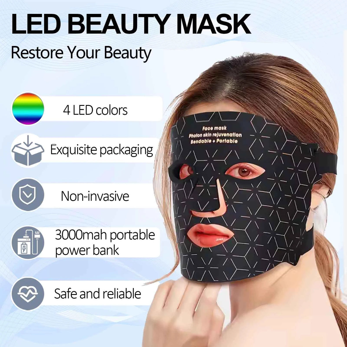 4 Modes Portable Led Face Mask Light Therapy for Anti-Aging Wrinkles Skin Rejuvenation Home Use Red Light Therapy Mask for Face