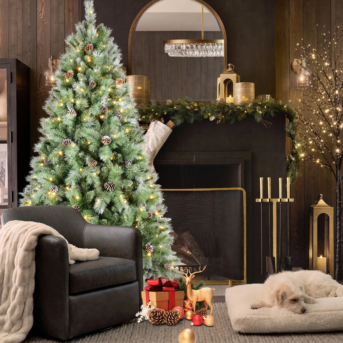 Artificial Christmas Tree Realistic Pine Cones Heavy Duty Metal Stand