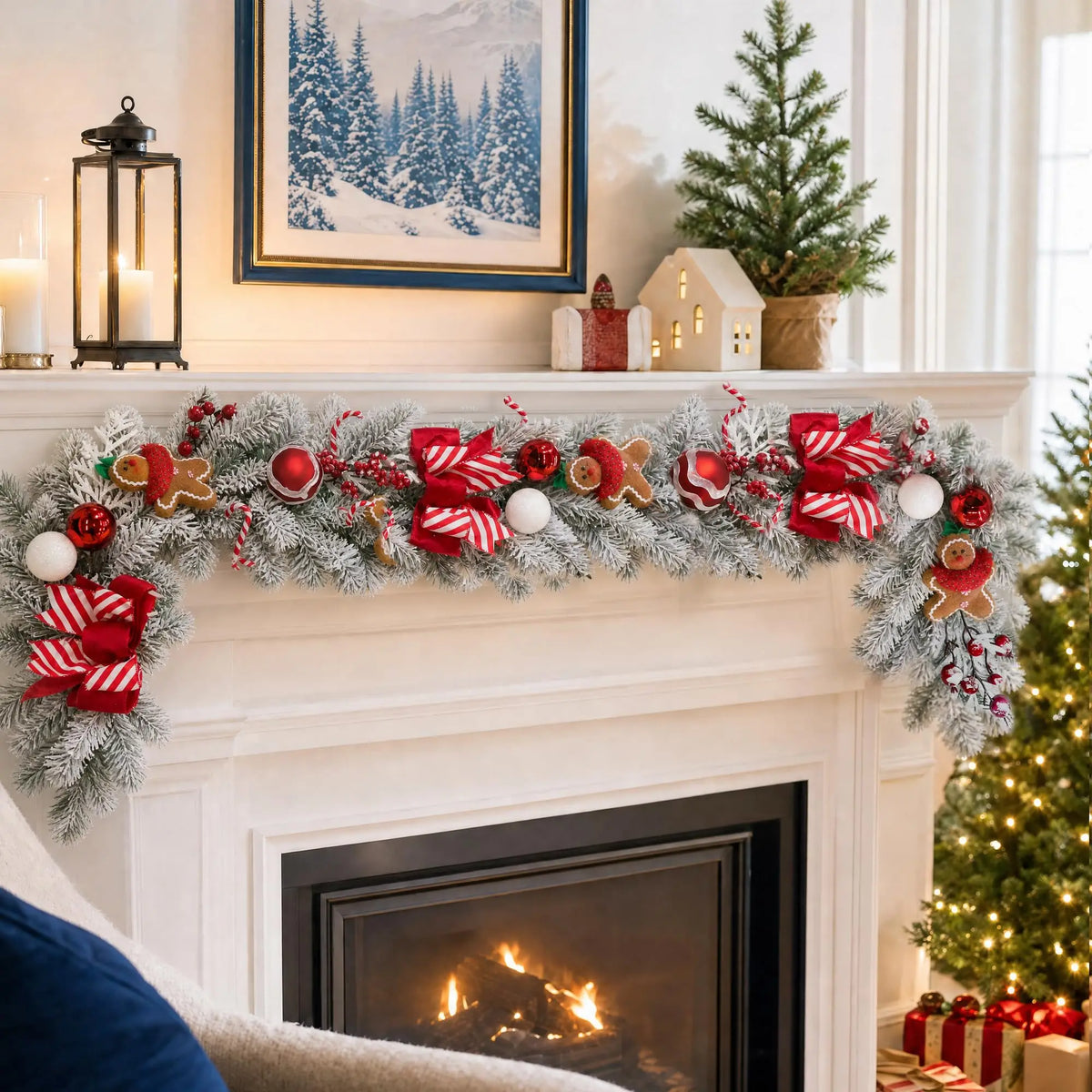 6FT Pre-Lit Gingerbread Christmas Garland With 20 LED Lights, 8 Modes Timer, Red Bows Berries Candy Balls For Mantel Stair Decor
