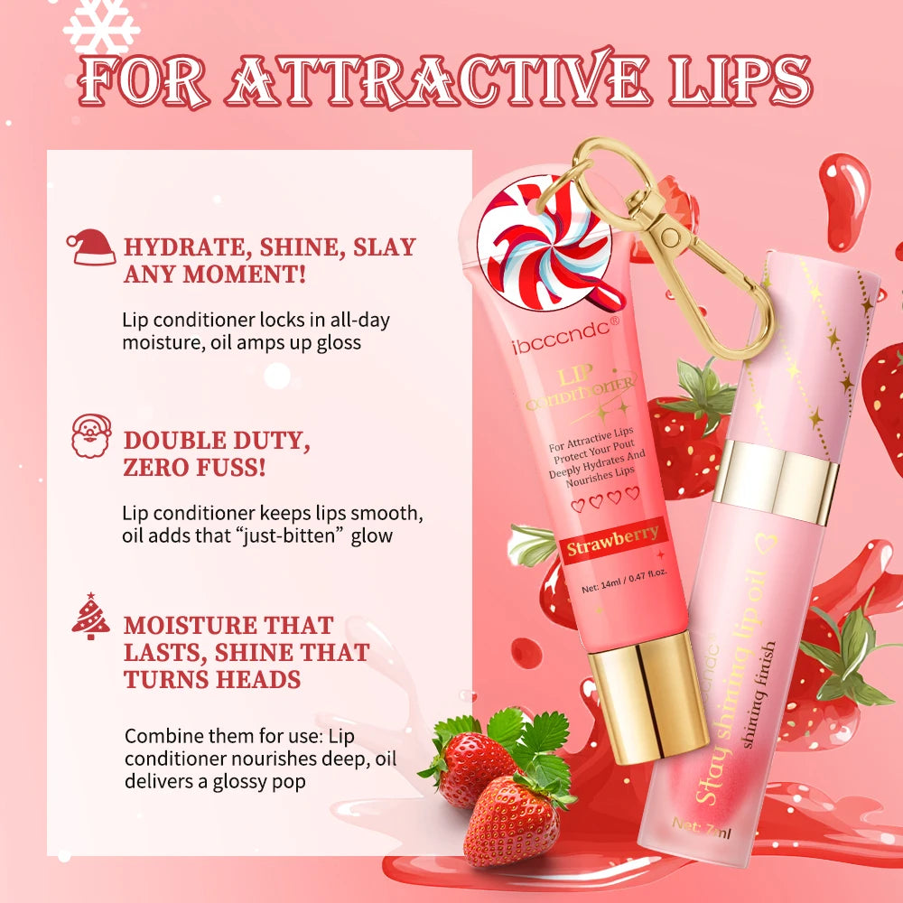 Strawberry Christmas Lip Combo Lip Conditioner Shiny Lip Oil with Keychain Hydrating Long Lasting Moisturizing Lip Care Set