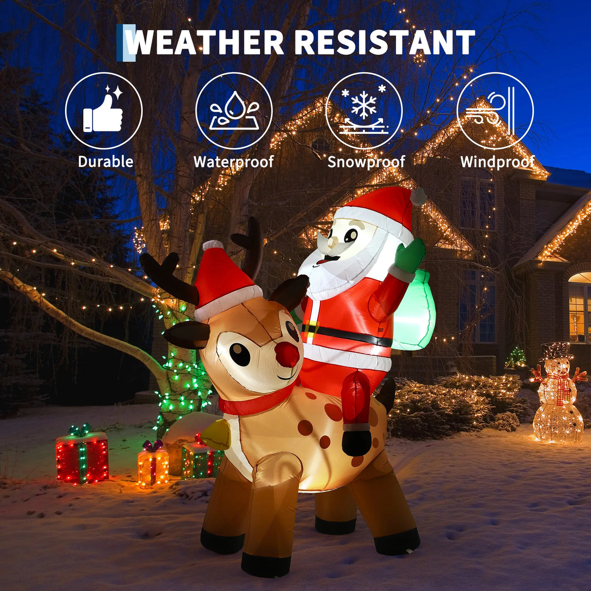 7FT Giant Inflatable Santa Claus with Reindeer Outdoor Christmas Decoration Built In LED Lights Weatherproof Polyester for Lawn Garden Indoor Holiday Party Winter Festival Yard Display Props