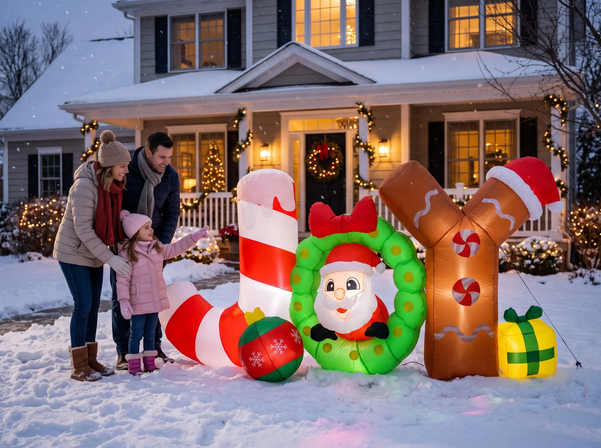 6ft Giant Lighted Christmas Inflatable JOY Sign Outdoor Decoration Waterproof Polyester Taffeta Blow Up Yard Prop Holiday Party Lawn Festival Display Winter Garden Xmas Ornament Large Exterior Event Landscape Home Outside New