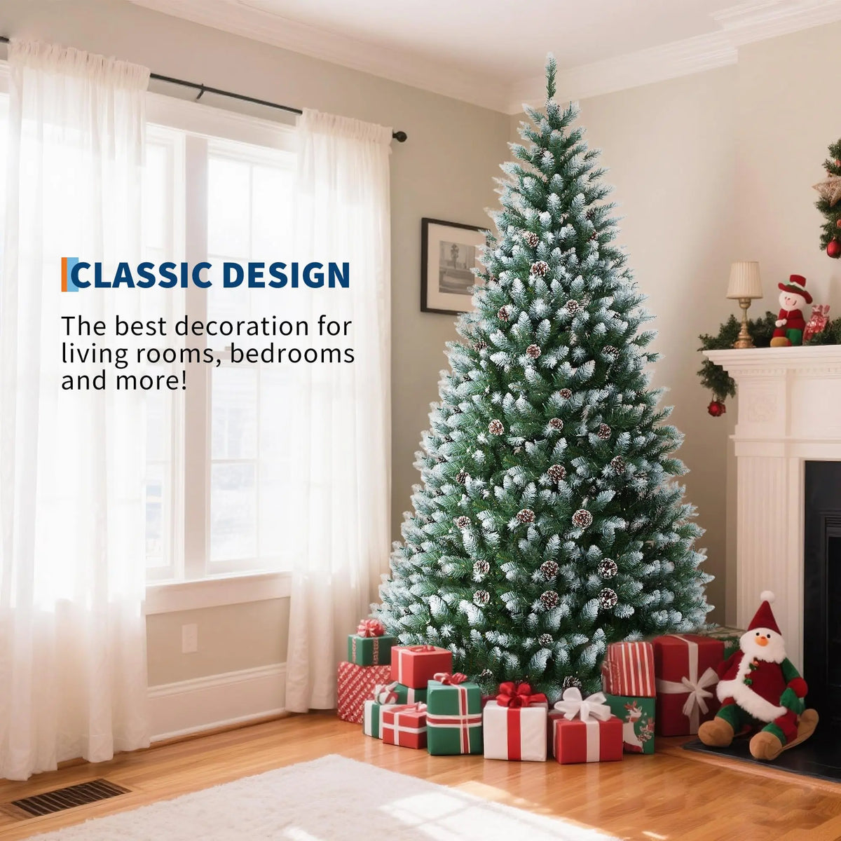 6FT Pre‑Lit Artificial Pine Christmas Tree with Pine Cones, 250 LEDs 748 Tips Hinged Stand PVC Holiday Tree for Home Office Party Decor
