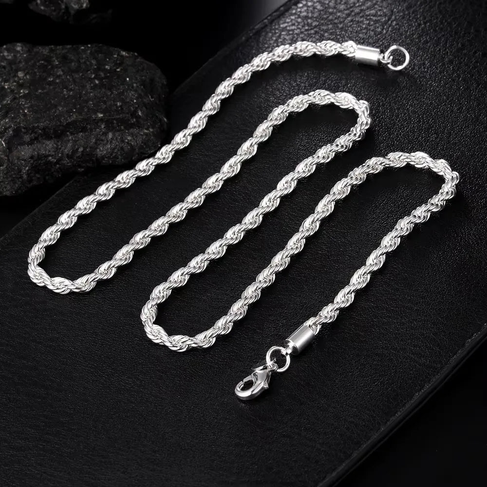 2PCS 925 Sterling Silver Rope Chain Set, 4MM 40-60cm, Necklace & Bracelet, Fashion Jewelry for Men Women, Wedding Daily Gift