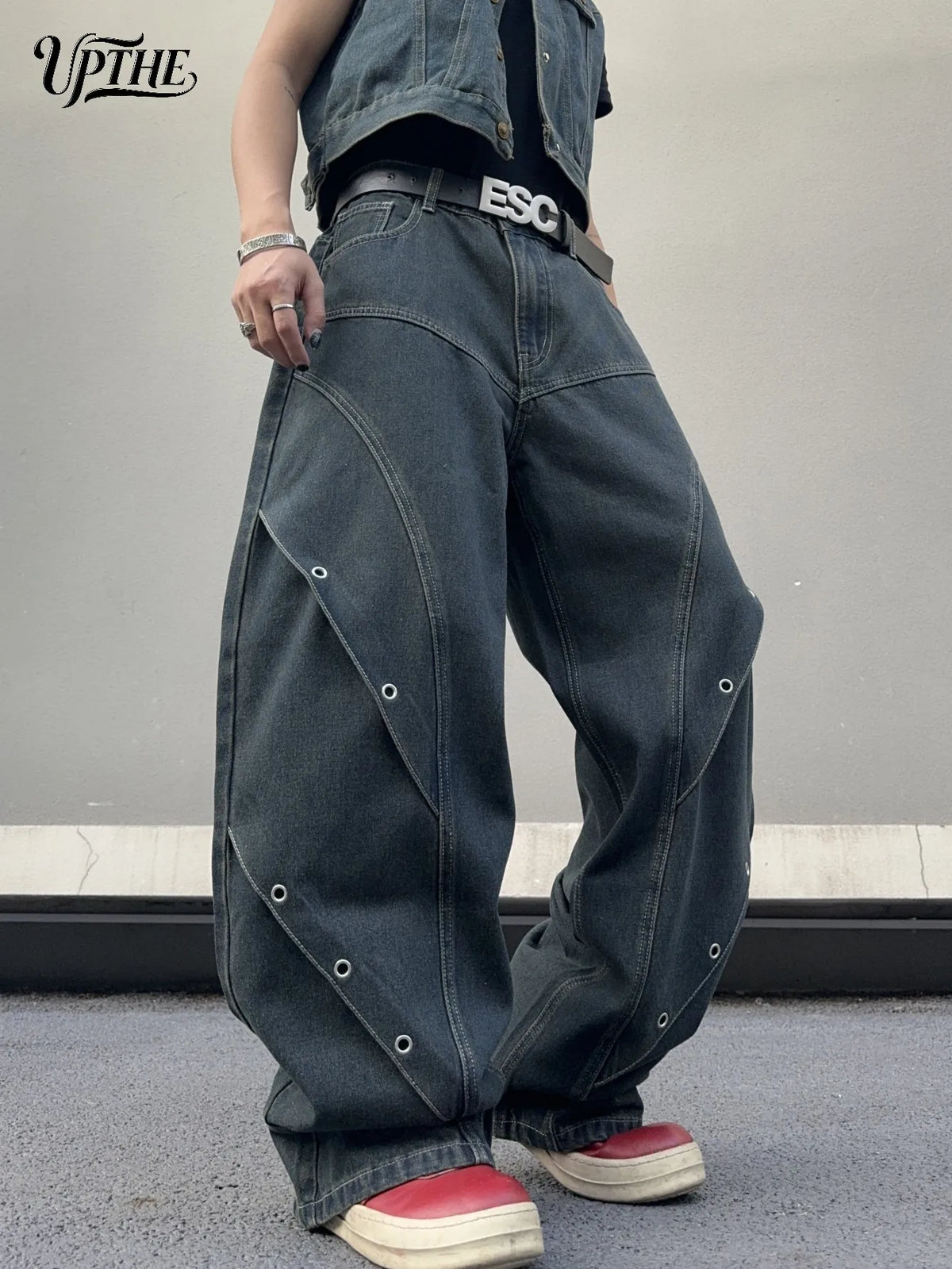 UP.THE Men Dark Raw Denim Baggy Wide Leg Jeans, Y2K Oversized Loose Curved Spliced Eyelet Denim Pants, Industrial Streetwear Trousers for Daily Outfits