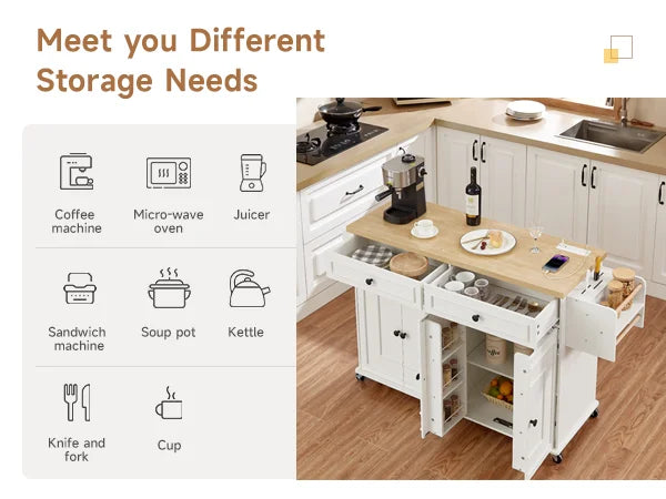Wooden Rolling Kitchen Island Cart With Drop Leaf Storage Rack