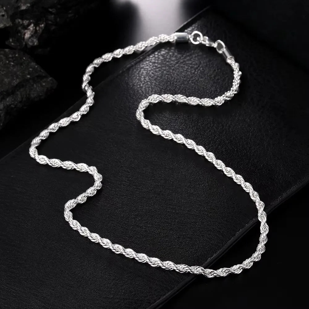 2PCS 925 Sterling Silver Rope Chain Set, 4MM 40-60cm, Necklace & Bracelet, Fashion Jewelry for Men Women, Wedding Daily Gift