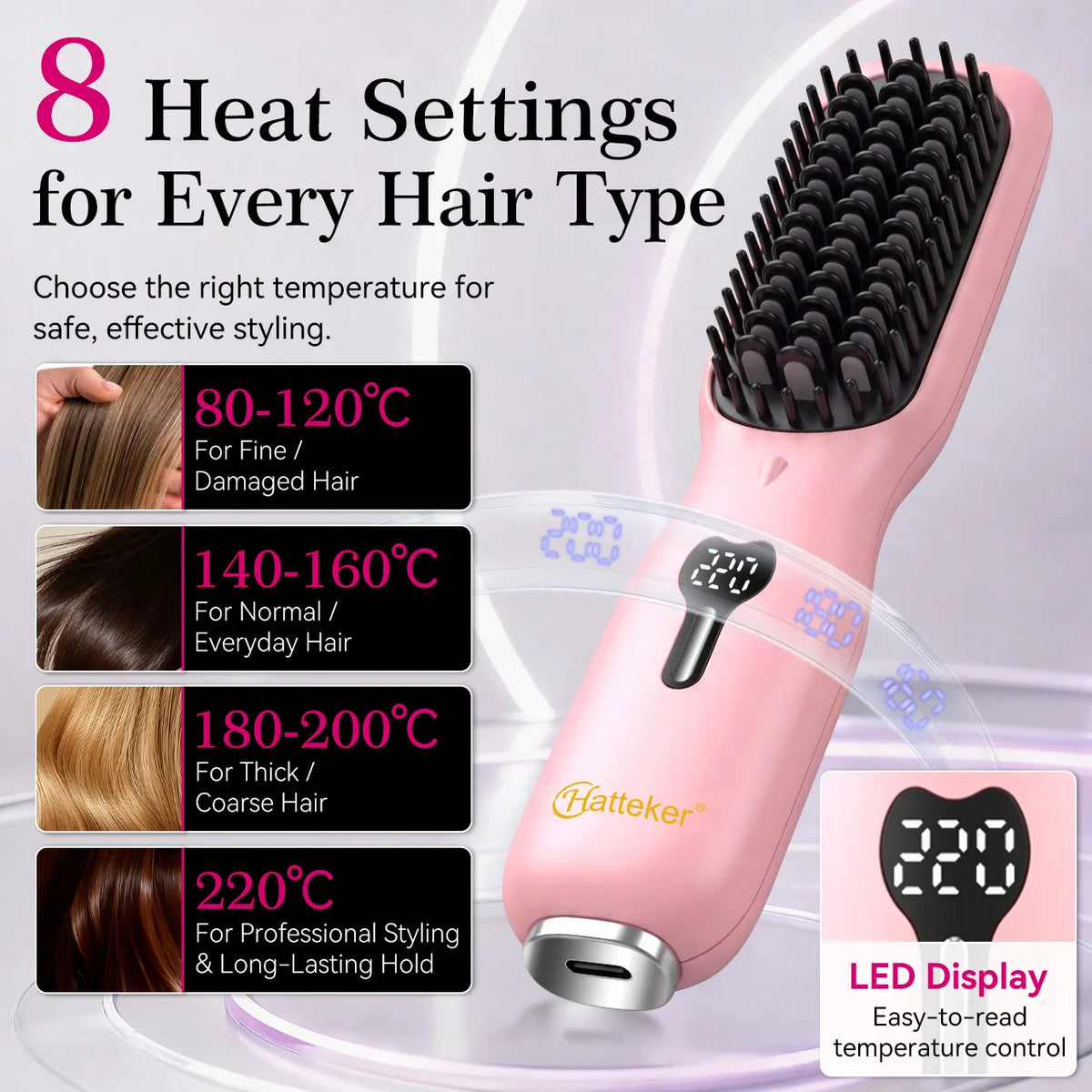 Hatteker Wireless Portable Hair Straightening Comb Multi-temperature Control Styling Brush for Straight And Curling Hair