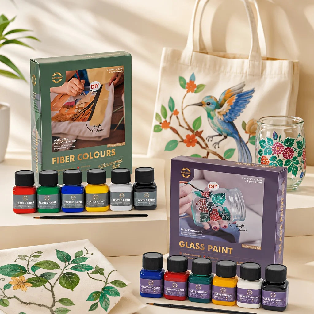 6 Color 30ml/1.01oz Hand Painting Paint Kit. Fabric Paint & Glass Paint. Each Kit Contains 6 Paint Bottles & 1 Outlining Brush. High Color Saturation  Strong Adhesion for Hand Painting on Fabric、 Glass. For DIY Crafters & A