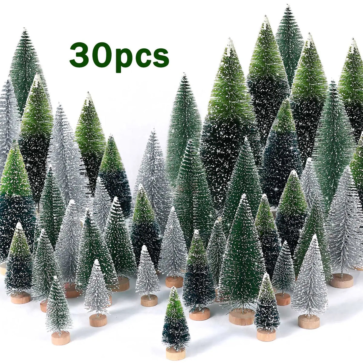 30pcs Mini Christmas Trees Artificial Christmas Tree Bottle Brush Trees with Wooden Base for Christmas Decor Party Home Table Craft Decorations (Silver,Green)