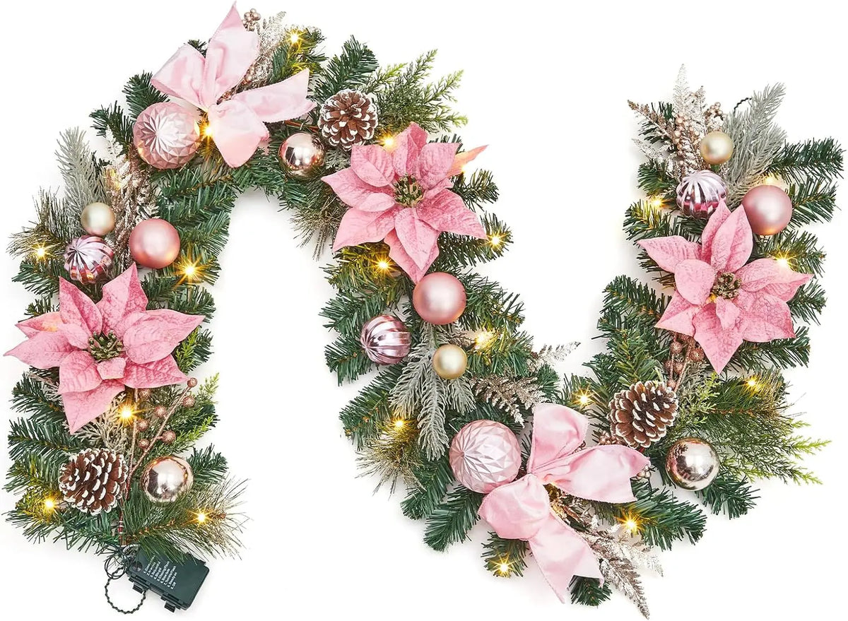 Tacleekii 6 Feet Christmas Garland with Lights & Timer for Mantle Battery Operated 20 LED 8 Modes Ball Ornaments & Poinsettias, Prelit Garland Decorations