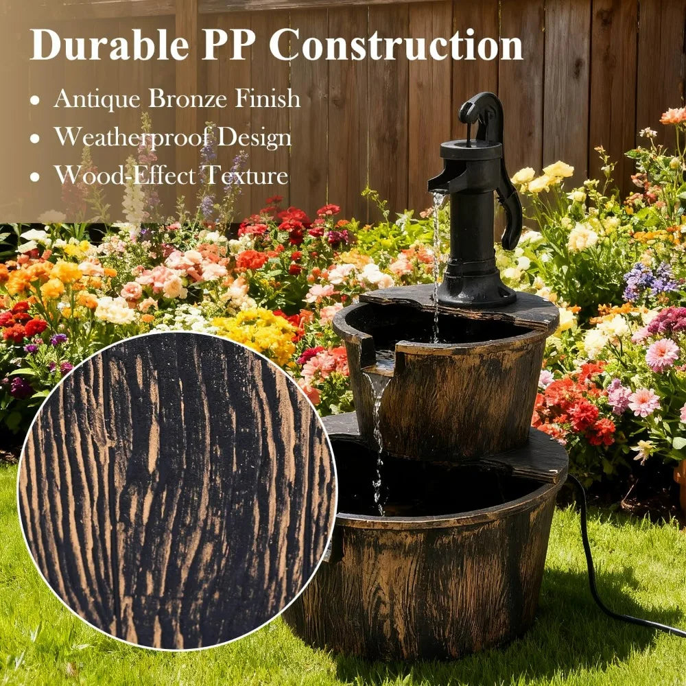 Two Tier Stepped Barrel Waterfall Fountain With Pump