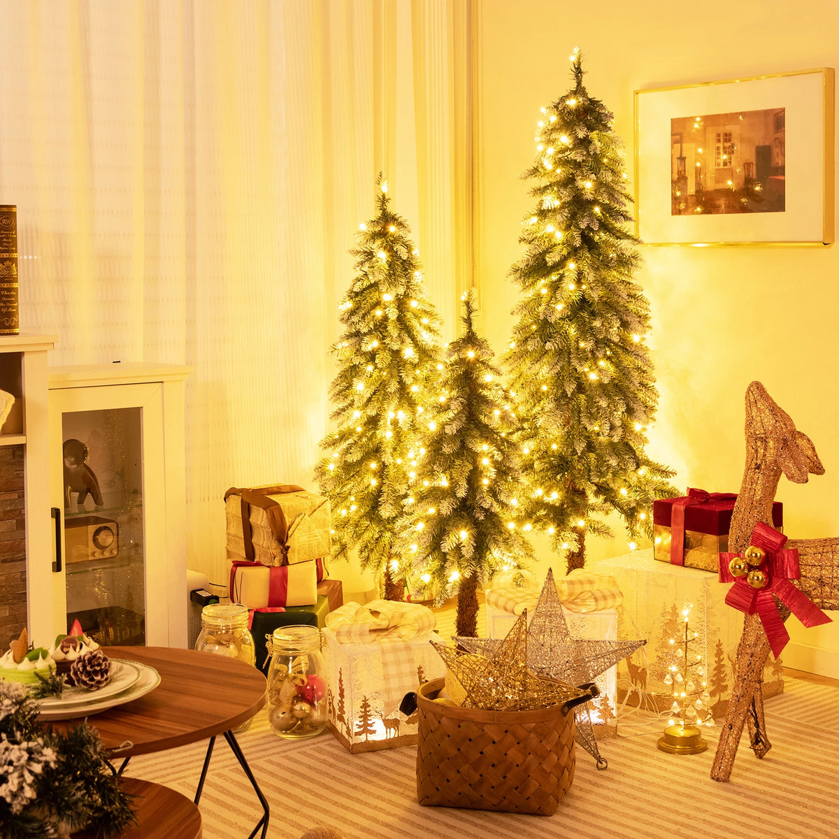Lifezeal Pre Lit Artificial Snowy Pencil Christmas Tree Set