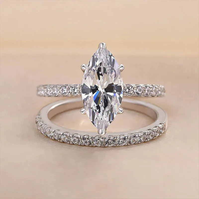 New 925 Sterling Silver 5CT Moissanite Horse Eye Ring Set for Women, Fashionable and Shiny Matching Rings, Wedding Gifts, Banquet Ring Accessories, Valentine's Day Gifts, Birthday Accessories, the Best Gift for Good Friends