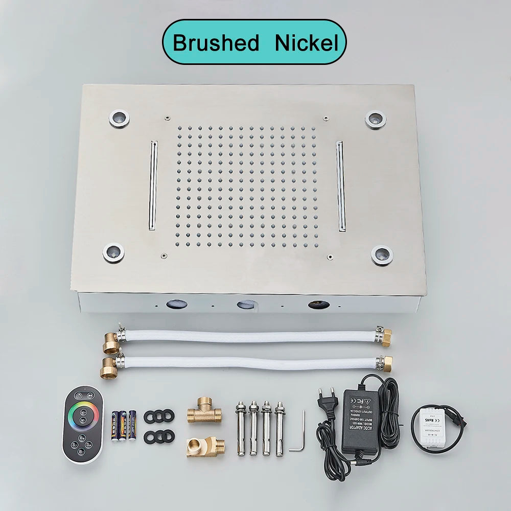 Black Embedded Ceiling Shower Head Intelligent Remote Control LED Rainfall Shower Set High Flow Waterfall Concealed Tap