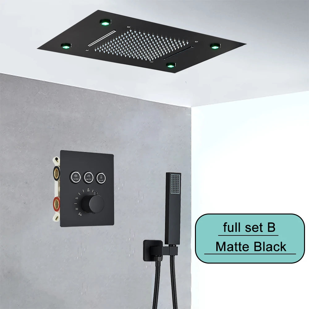 Black Embedded Ceiling Shower Head Intelligent Remote Control LED Rainfall Shower Set High Flow Waterfall Concealed Tap