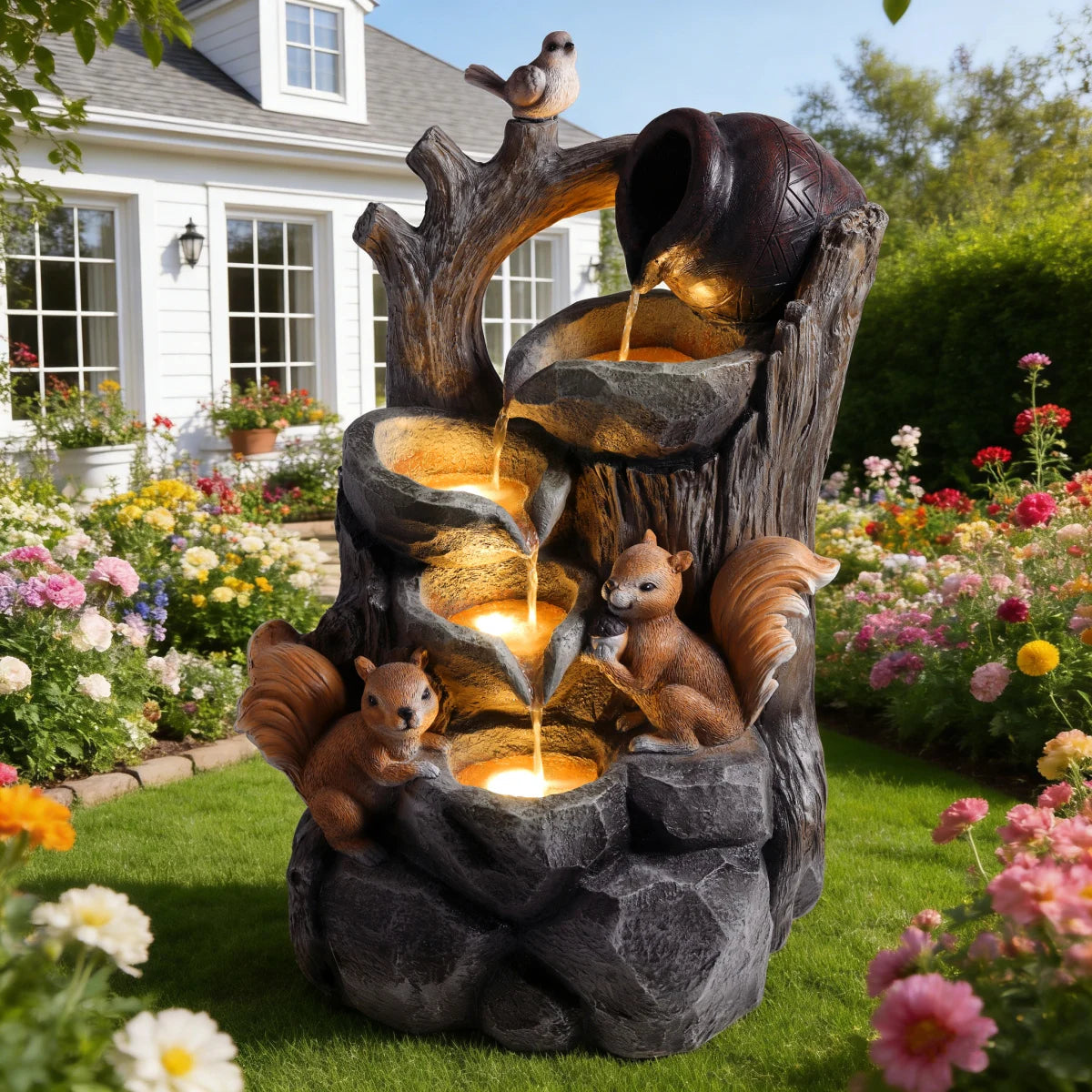 Squirrel Outdoor Water Fountain With Lights Waterfall Garden Decor
