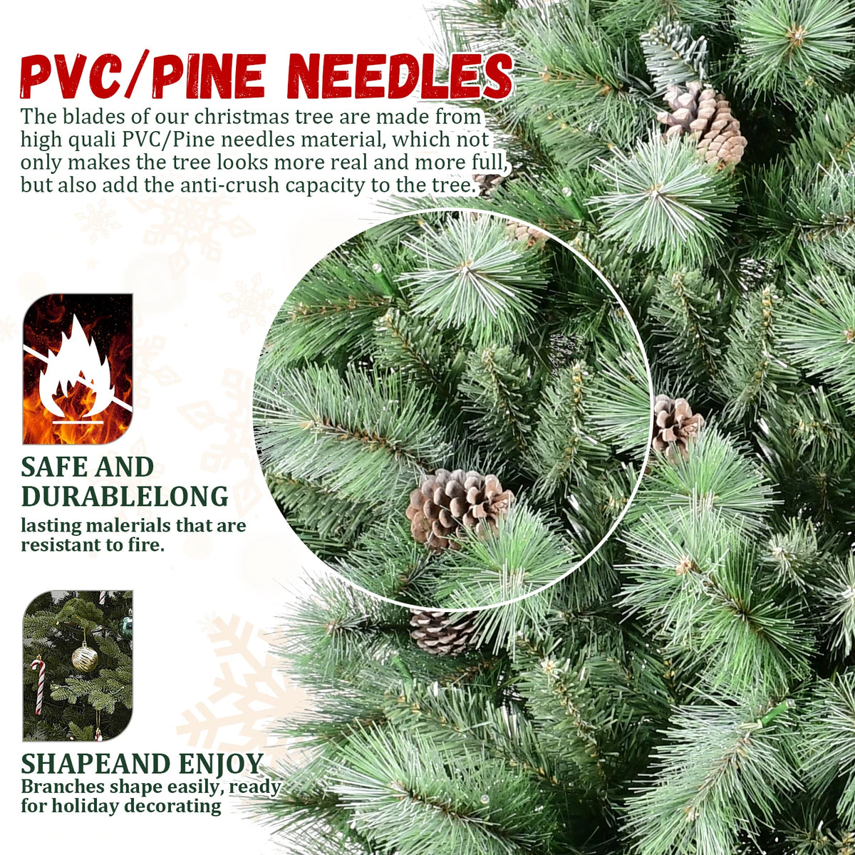 Artificial Christmas Tree Realistic Pine Cones Heavy Duty Metal Stand