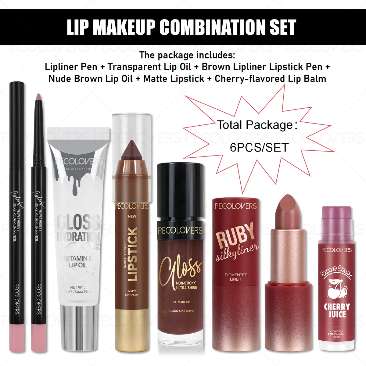 6PCS/Set Lip Makeup Set, Matte Lip Liner & Moisturizing Transparent Lip Oil & Lip Liner Lipstick Pen & Moisturize Lip Gloss & Red Nude Lipstick & Fruit Cherry Flavored Lip Balm, Create Rich Lip Makeup