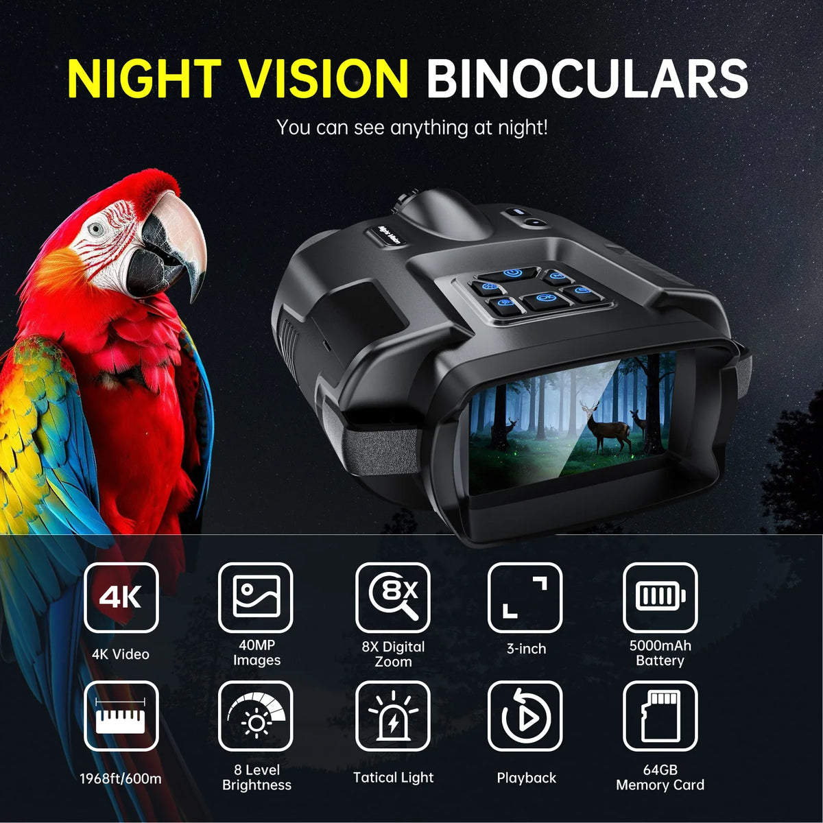 Diyimin Night Vision Binoculars 4K Infrared 8X Zoom Rechargeable Device