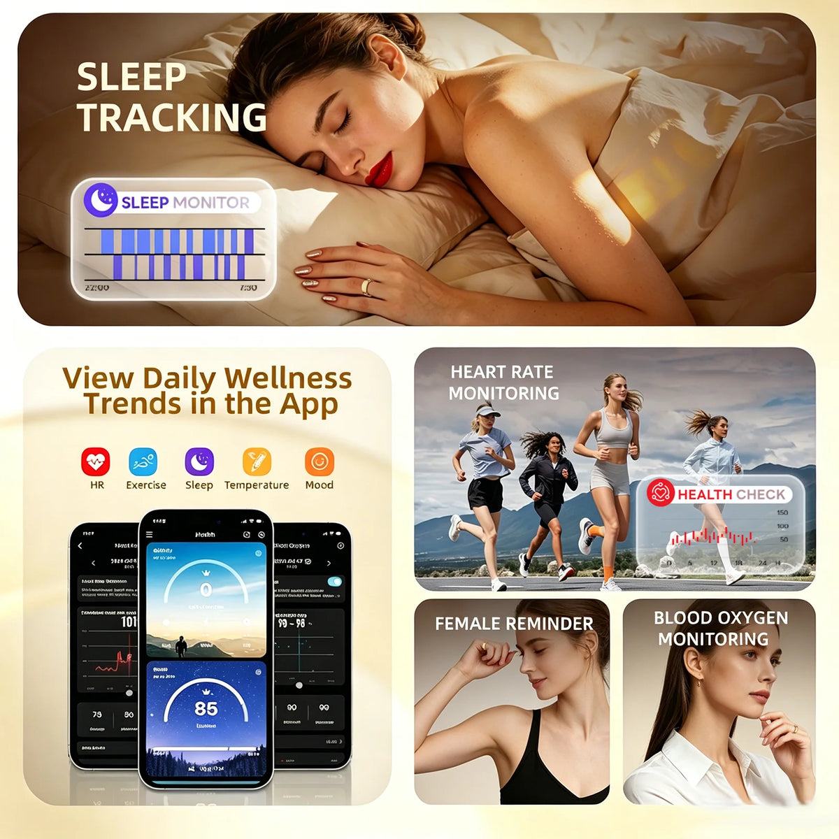 Smart Health Ring Body Temp Heart Rate Blood Oxygen Sleep Monitor 5ATM Waterproof Bluetooth 5.2 with Charging Case QRing APP