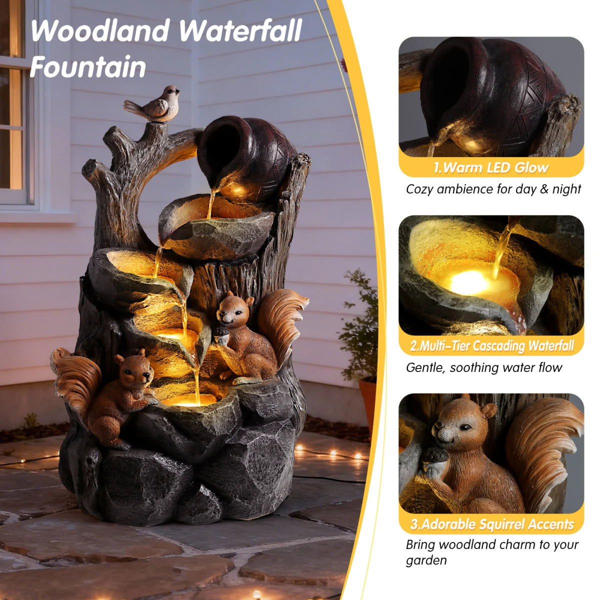 Squirrel Outdoor Water Fountain With Lights Waterfall Garden Decor