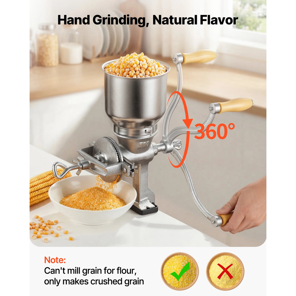 SucceBuy Manual Grain Mill with High Hopper Hand-Crank Corn Grinder with Stable Table Clamp for Grains Spices Coffee Beans Nuts