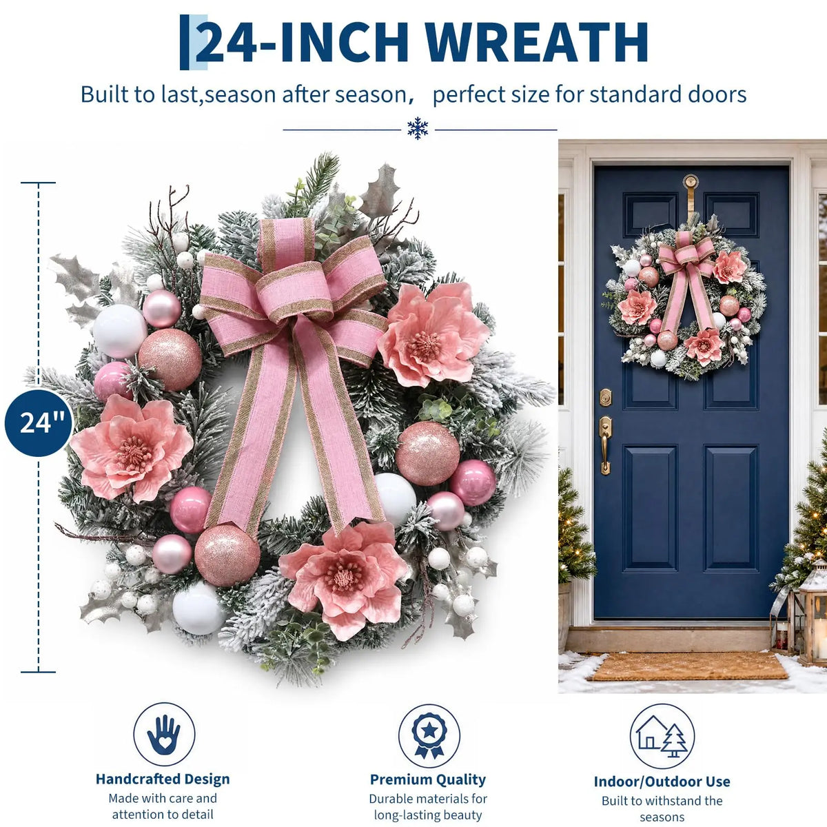 24 Inch Pre-Lit Pink Magnolia Christmas Wreath With 20 Led Lights, 8 Modes Timer, Snowy Pine Ball Ornaments Front Door Decor