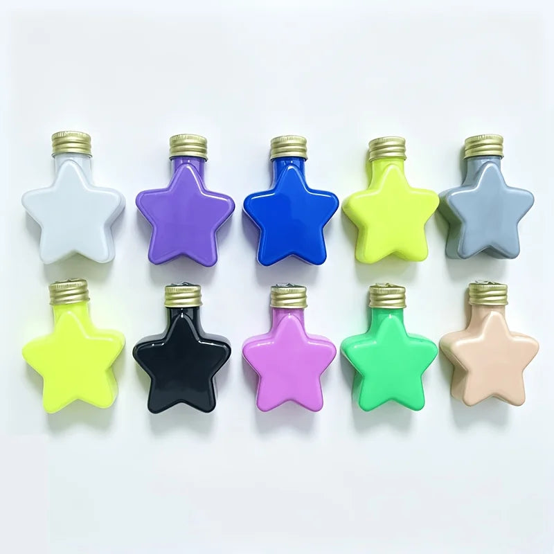 10‑Color 50ml/1.69oz Fluid Acrylic Paint Set, 4 Standard +2 Neon +2 Metallic +2 Glow‑in‑Dark. Colors: Black, White, Violet, Rose Red, Neon Blue, Neon Yellow, Gold, Silver, Glow Green, Glow Yellow. 4 novelty shaped bottl