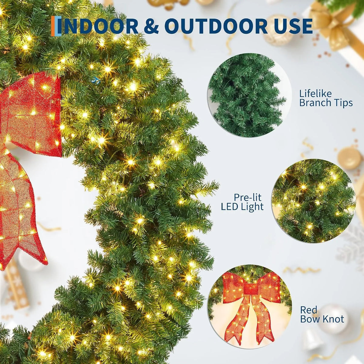 Pre Lit Artificial Christmas Wreath 48 Inch or 60 Inch with Warm White LED Lights Illuminated Red Bow Full PVC Branches Weather Resistant Front Door Wall Window Indoor Outdoor Holiday Decor