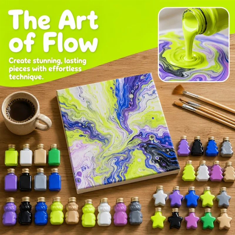 10‑Color 50ml/1.69oz Fluid Acrylic Paint Set, 4 Standard +2 Neon +2 Metallic +2 Glow‑in‑Dark. Colors: Black, White, Violet, Rose Red, Neon Blue, Neon Yellow, Gold, Silver, Glow Green, Glow Yellow. 4 novelty shaped bottl