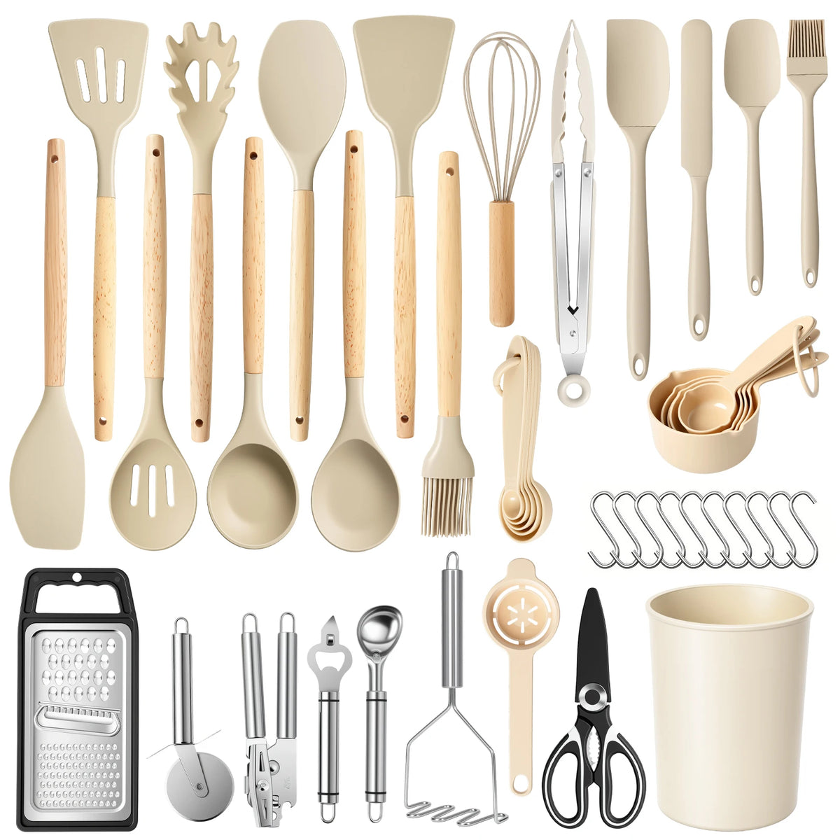 Silicone Wooden Handle 44-Piece Non-Stick  Kitchen Utensil Set Food-Grade Heat-Resistant Cookware Set for Kitchen & Baking
